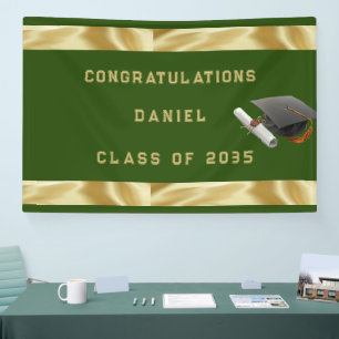 Graduation Mortar Board Green and Gold Banner