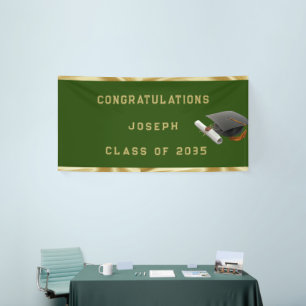 Graduation Mortar Board Green and Gold Banner