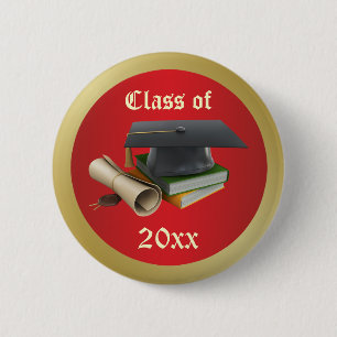 Graduation Mortar, diploma and books Button