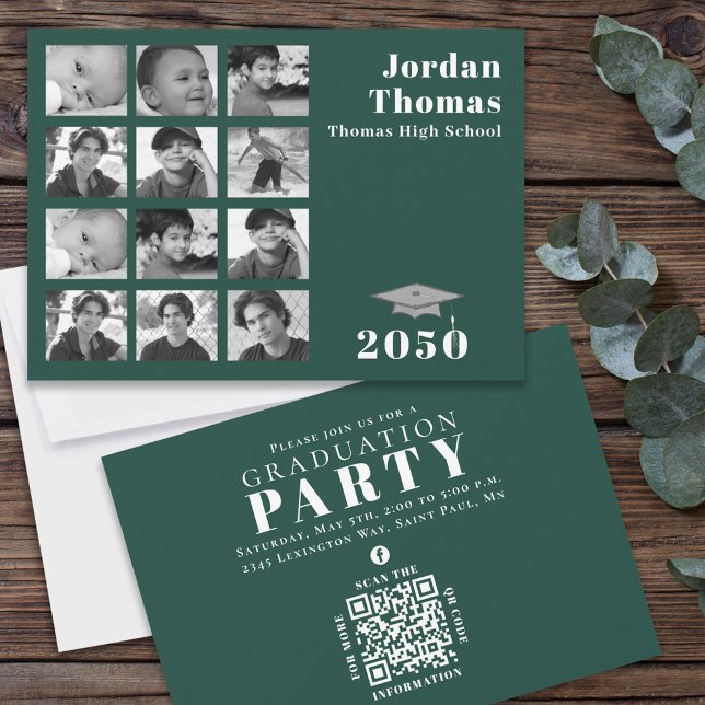 Graduation Multi Photo Collage Dark Green QR Code Invitation (Creator Uploaded)