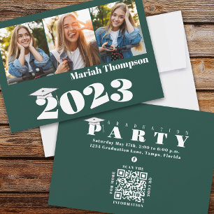 Graduation Multi Photo Green Class Of 2023 QR Code Invitation