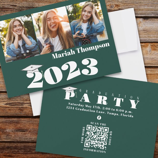 Graduation Multi Photo Green Class Of 2023 QR Code Invitation (Creator Uploaded)