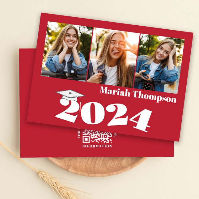 Graduation Multi Photo Red Class Of 2023 QR Code Invitation (Graduation three photo invitation template with a scannable QR Code. )