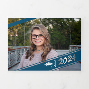 Graduation Multi Photo Simple Blue Confetti 2022 Tri-Fold Announcement