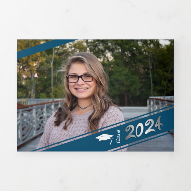 Graduation Multi Photo Simple Blue Confetti 2022 Tri-Fold Announcement (Cover)