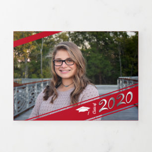 Graduation Multi Photo Simple Red Conffeti 2020 Tri-Fold Announcement