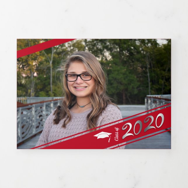 Graduation Multi Photo Simple Red Conffeti 2020 Tri-Fold Announcement (Cover)