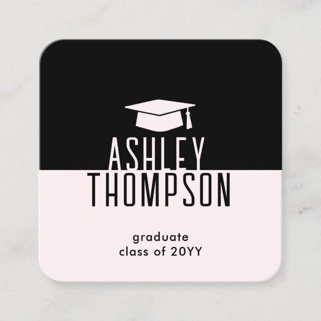 Graduation Name & Contact Info Modern Blush Pink Square Business Card (Front)