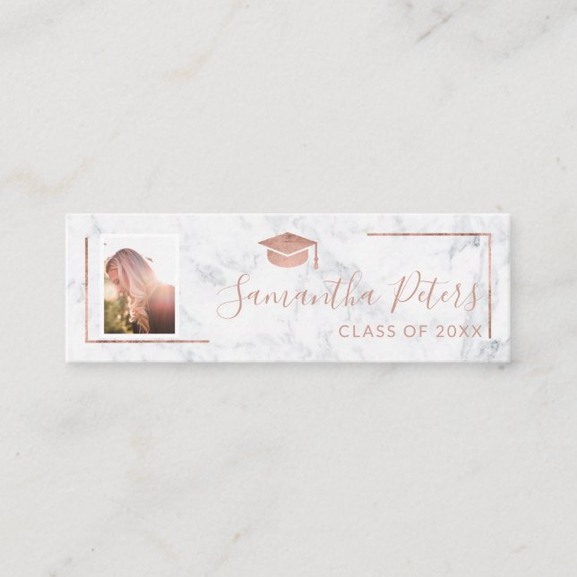 Graduation name rose gold elegant marble photo mini business card (Front)