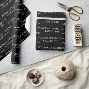 Graduation Name Year Class of Script Black White Wrapping Paper