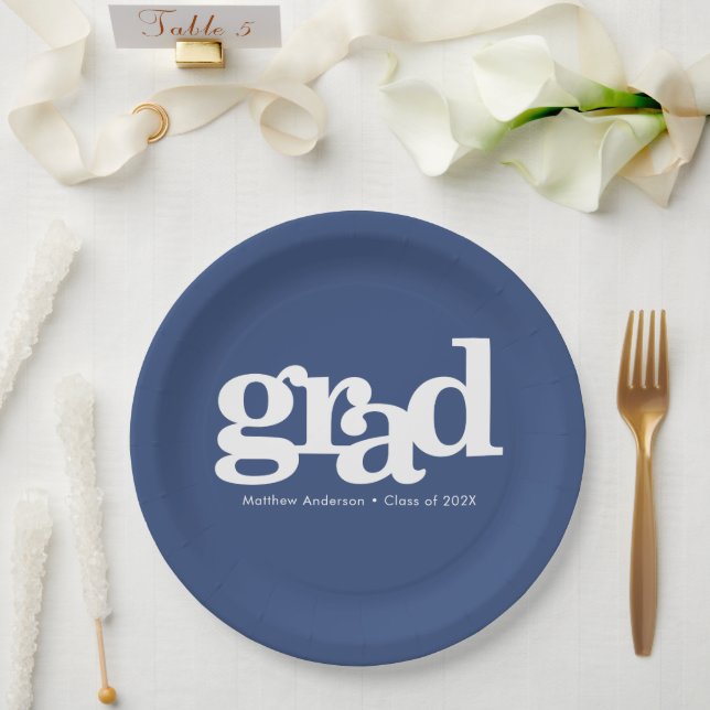 Graduation navy blue bold modern simple typography paper plate (Wedding)