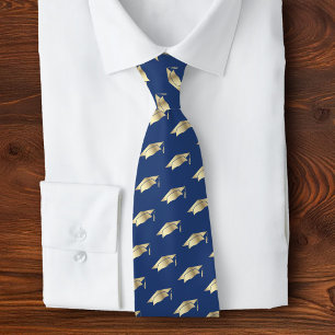 Graduation Navy Blue Gold Foil Cap Icon Pattern Tie