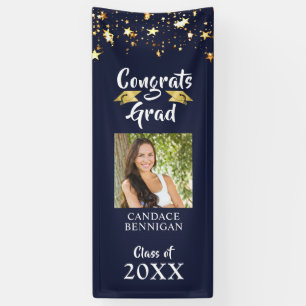 Graduation Navy Blue Gold Stars Brush Script Photo Banner