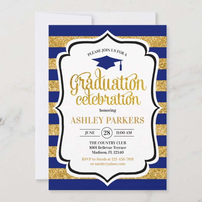 Graduation - Navy Blue Gold Stripes Invitation (Front)