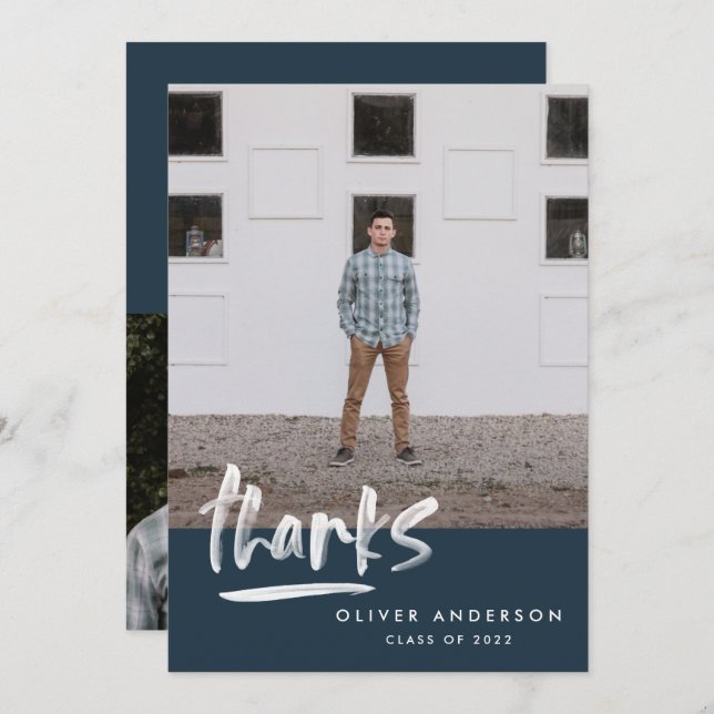 Graduation navy blue script 3 photo thank you invitation (Front/Back)
