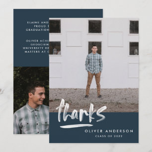 Graduation navy blue script 3 photo thank you invitation