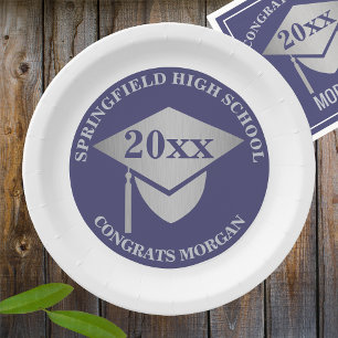 Graduation Navy Blue Silver Decorative Party Paper Plate