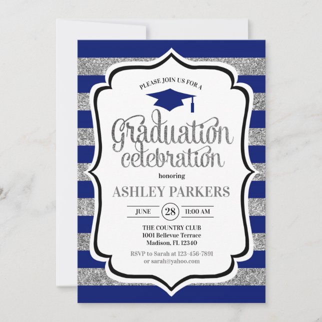 Graduation - Navy Blue Silver Stripes Invitation (Front)
