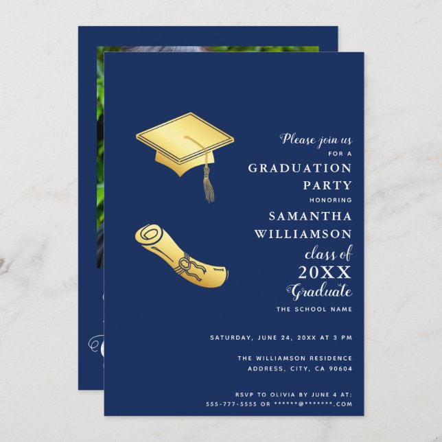 Graduation Navy Blue White Gold Photo Class 2025 Invitation (Front/Back)