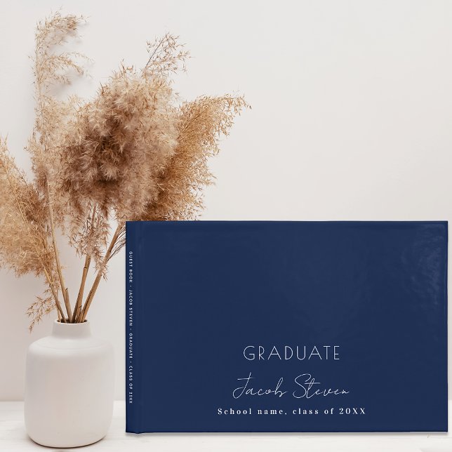 Graduation navy blue white name script minimalist guest book (Creator Uploaded)
