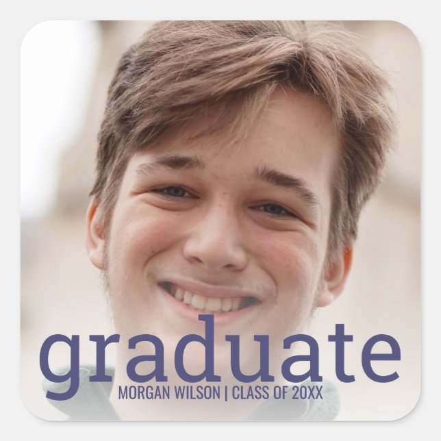 Graduation Navy Blue White Overlay Trendy Photo Square Sticker (Front)