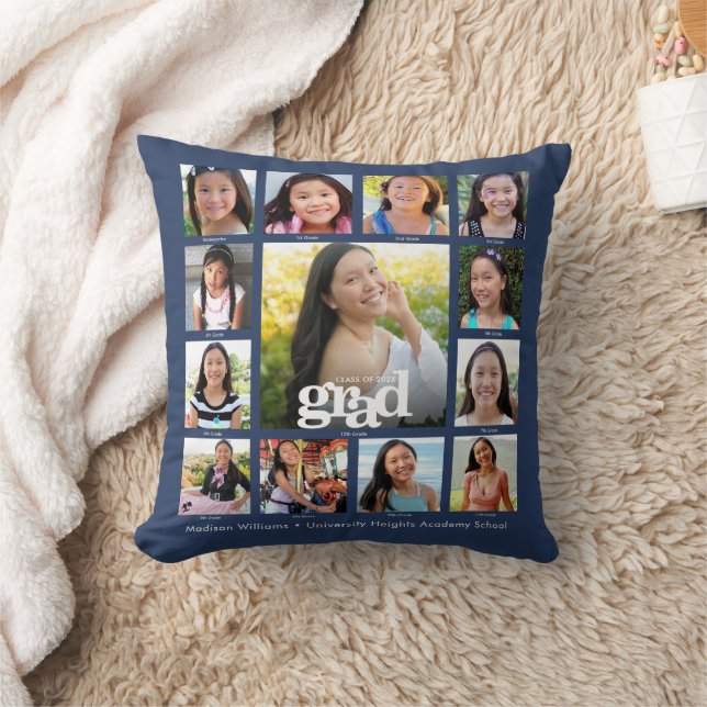 Graduation Navy K–12 Bold Modern Photo Collage Cushion (Blanket)