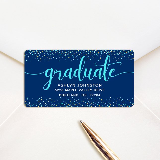 Graduation navy modern turquoise script address label (Creator Uploaded)