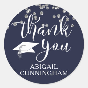 Graduation Navy Silver Confetti Script THANK YOU Classic Round Sticker