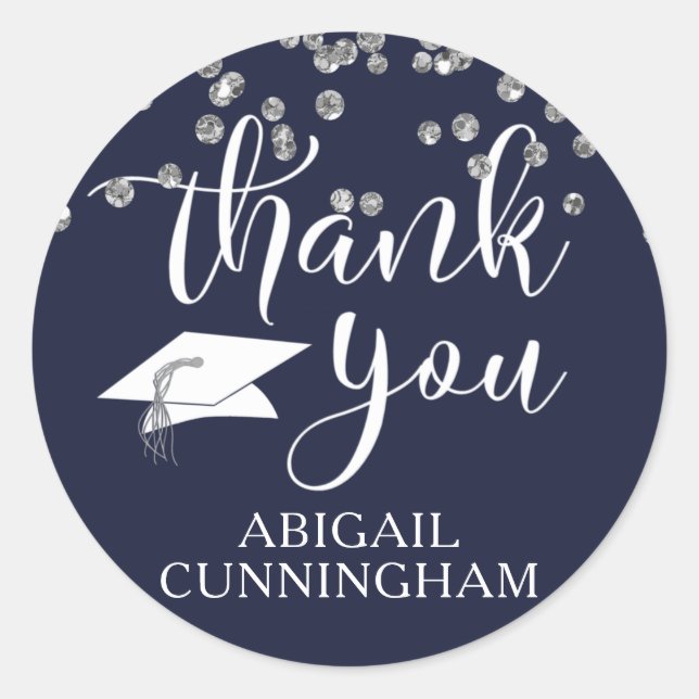 Graduation Navy Silver Confetti Script THANK YOU Classic Round Sticker (Front)
