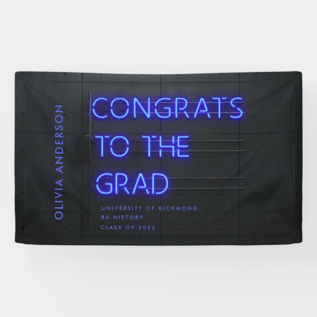 Graduation neon black blue congrats modern party banner (Horizontal)