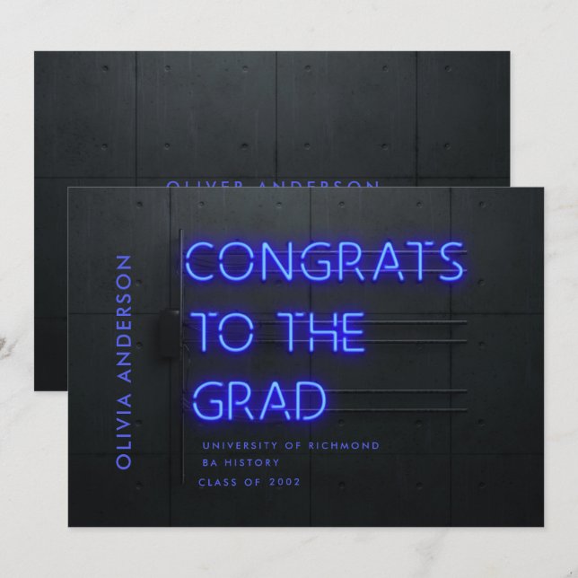 Graduation neon black blue congrats modern stylish (Front/Back)