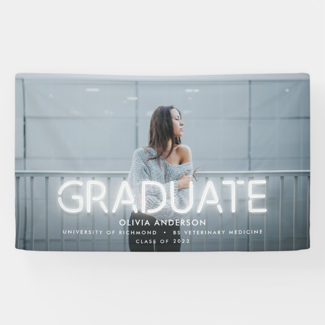 Graduation neon black white photo modern party banner (Horizontal)