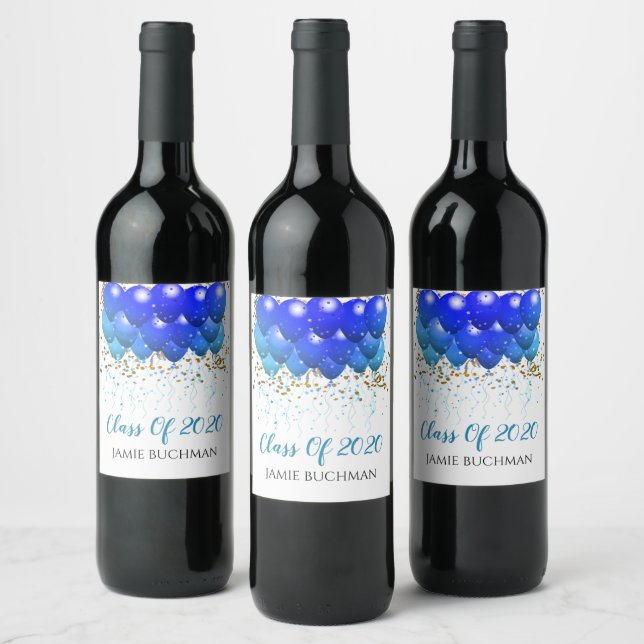 Graduation Neon Blue Balloons Wine Label (Bottles)