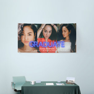 Graduation neon blue multi photo modern party banner