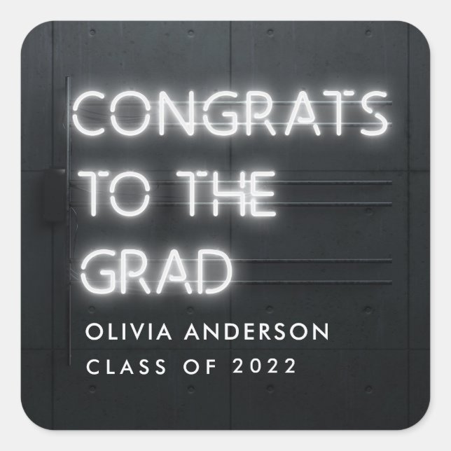 Graduation neon fun typography modern congrats square sticker (Front)
