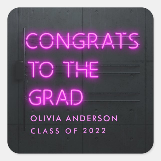 Graduation neon pink bright modern congrats square sticker (Front)