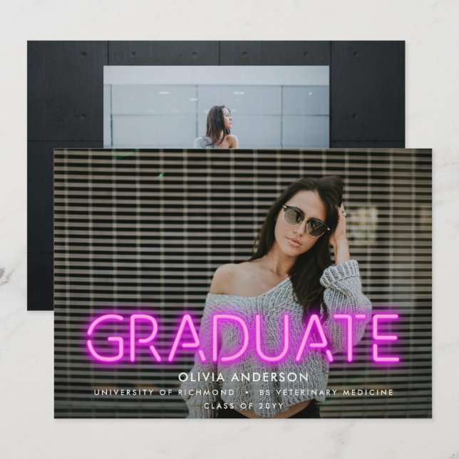 Graduation neon pink contemporary modern two photo (Front/Back)