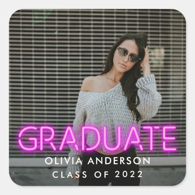 Graduation neon pink photo modern congrats square  square sticker (Front)