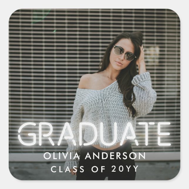 Graduation neon white photo modern congrats square sticker (Front)