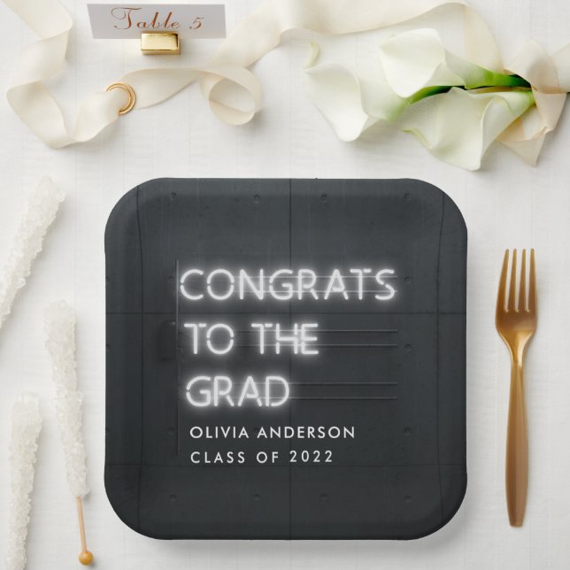 Graduation neon white typography modern congrats paper plate (Wedding)