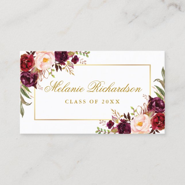 Graduation Networking Burgundy Floral Gold Business Card (Front)