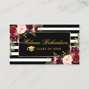 Graduation Networking Burgundy Floral Gold Striped Business Card