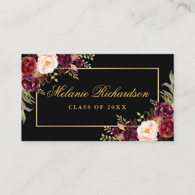 Graduation Networking Gold Burgundy Floral Business Card (Front)