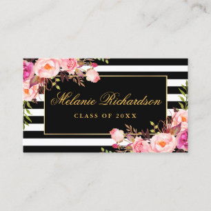 Graduation Networking Gold Pink Floral Striped Business Card