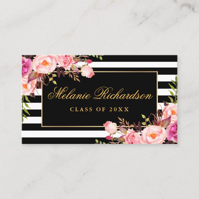 Graduation Networking Gold Pink Floral Striped Business Card (Front)