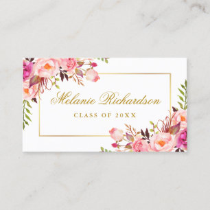 Graduation Networking Pink Floral Gold Business Card