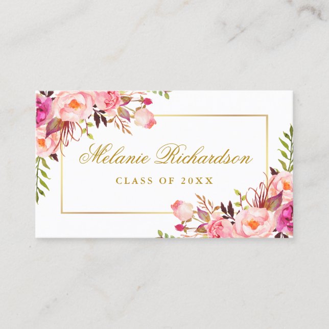Graduation Networking Pink Floral Gold Business Card (Front)