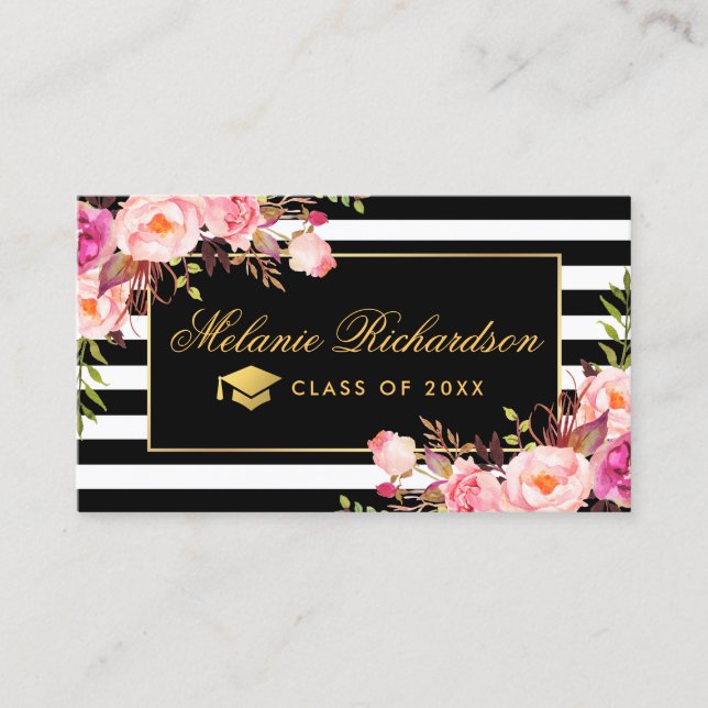 Graduation Networking Pink Floral Gold Striped Business Card (Front)