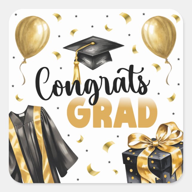 Graduation Neutral Black Gold High School College Square Sticker (Front)
