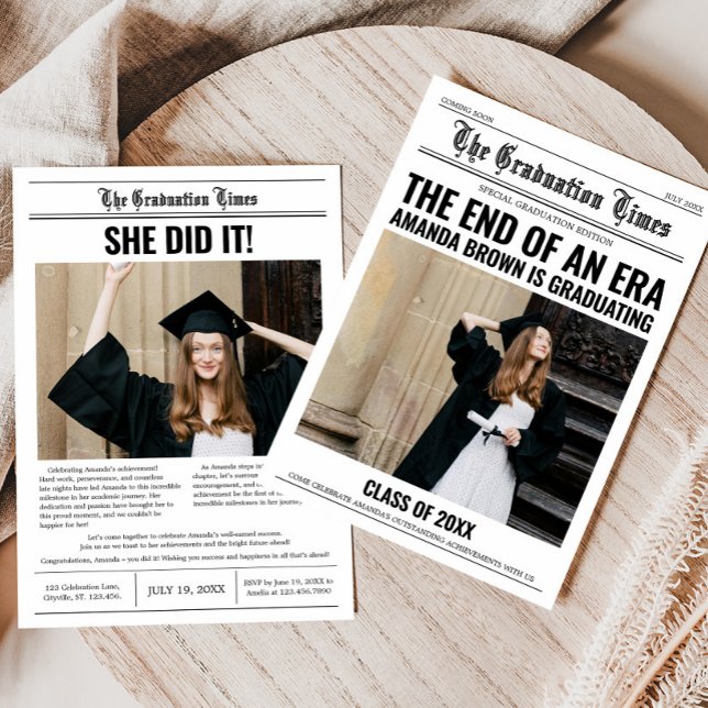 Graduation Newspaper Graduation Party Invitation (Graduation Newspaper Photo Graduation Party Invitation with Front and Back)